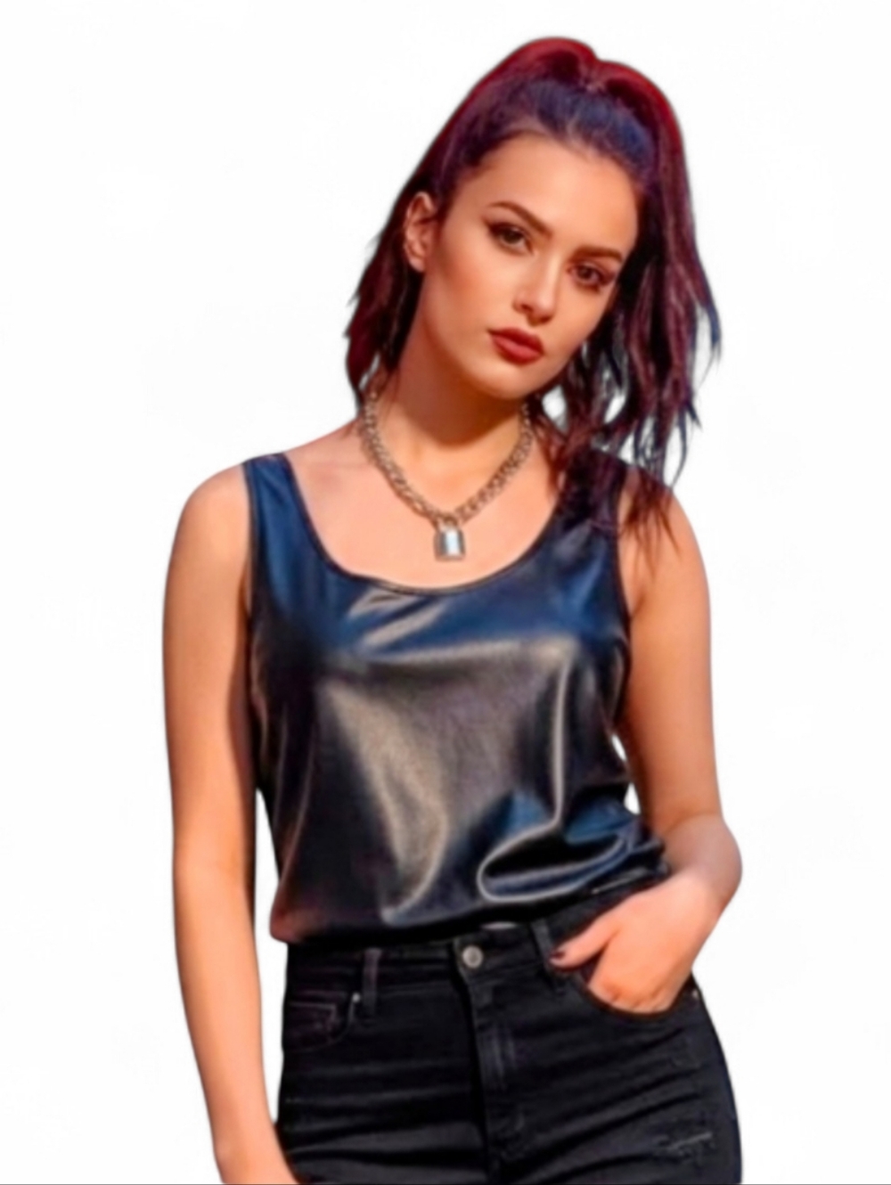 Pink Rose Faux Leather Edgy Front Tank Top Black SZ L